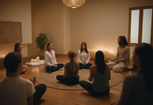 Un insegnante guida una lezione di Reiki a un piccolo gruppo, concentrati sulle energie che fluiscono tra di loro. Un’immagine che rappresenta l’unione tra spiritualità e benessere