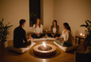 un piccolo gruppo di persone concentrate sulle energie che fluiscono tra di loro.