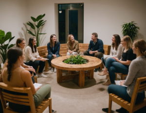 Un insegnante guida una lezione di Reiki a un piccolo gruppo, concentrati sulle energie che fluiscono tra di loro.